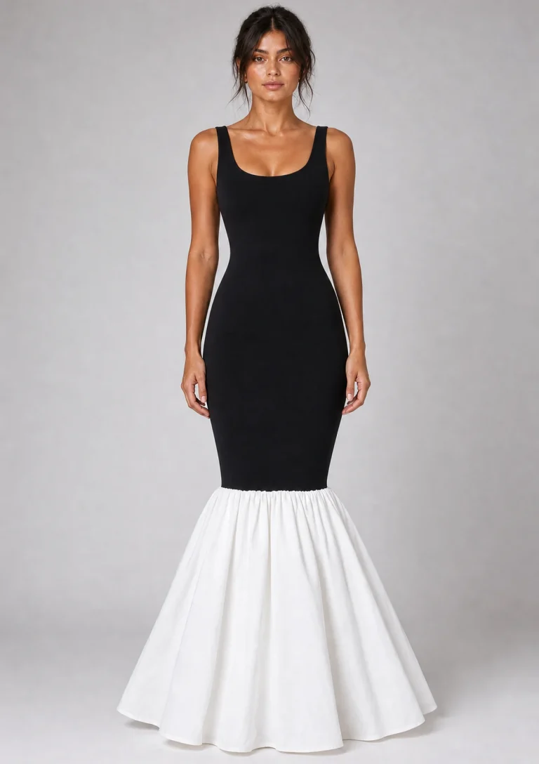 black and white mermaid maxi dress model