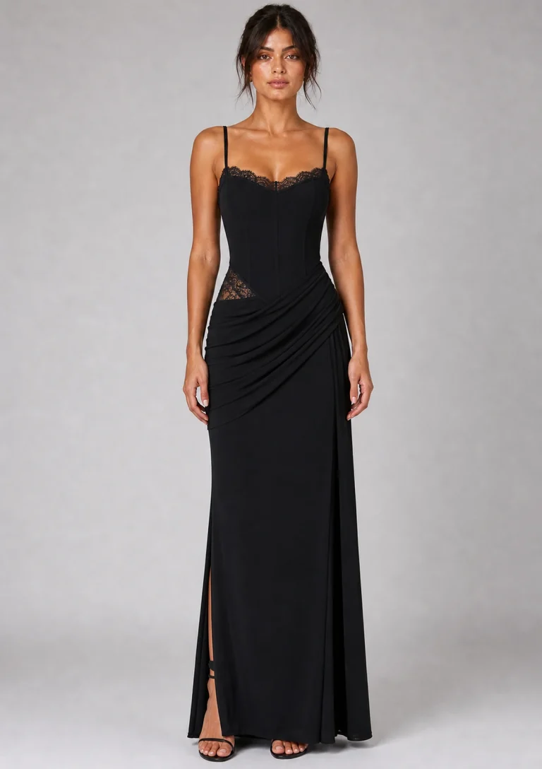 black draped maxi dress model