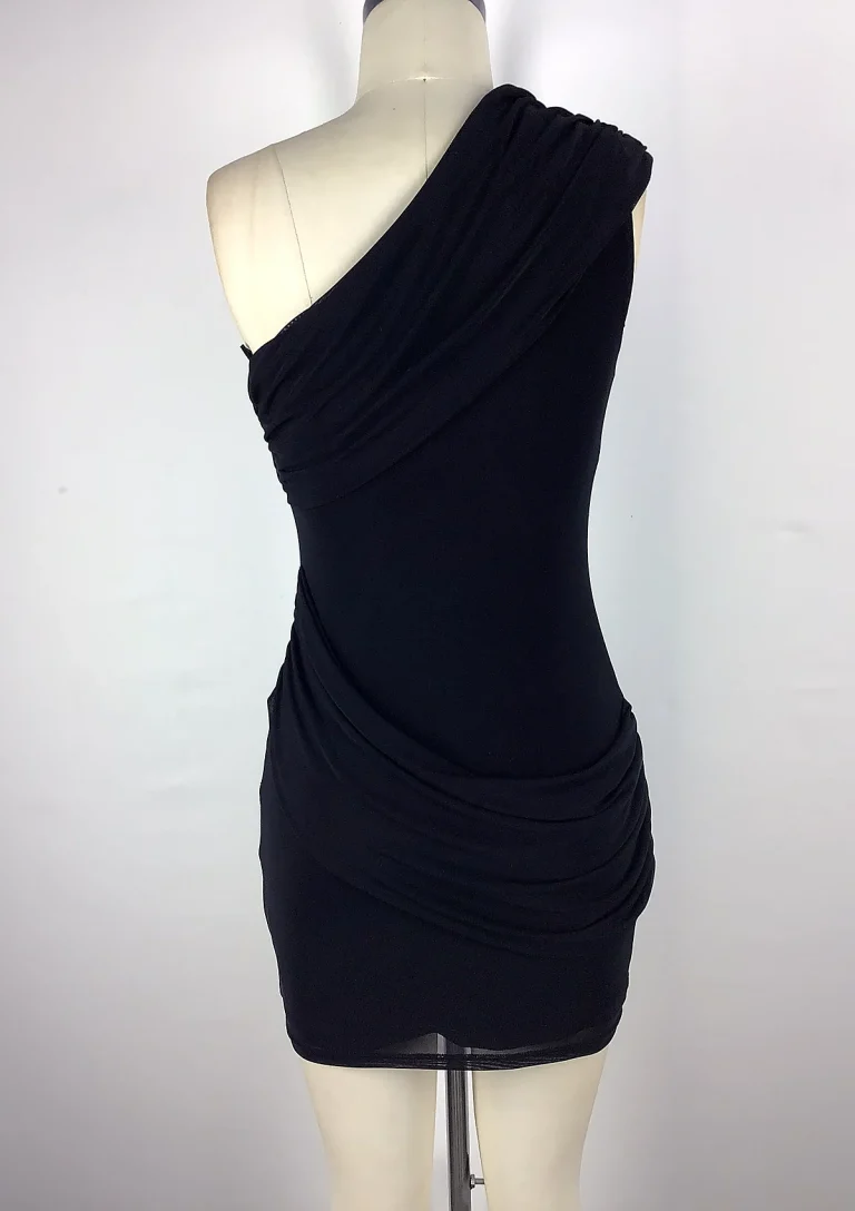 black one shoulder ruched mini dress back