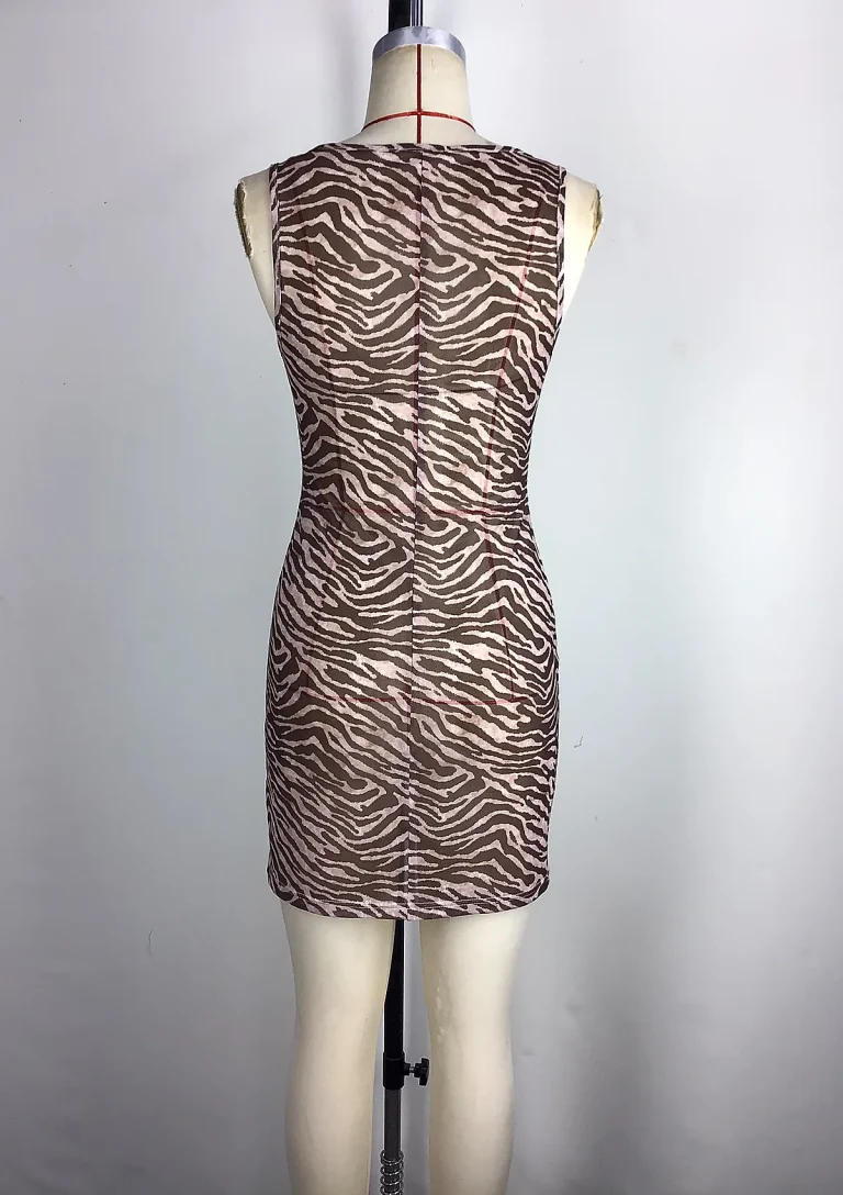brown printed sleeveless bodycon dress back