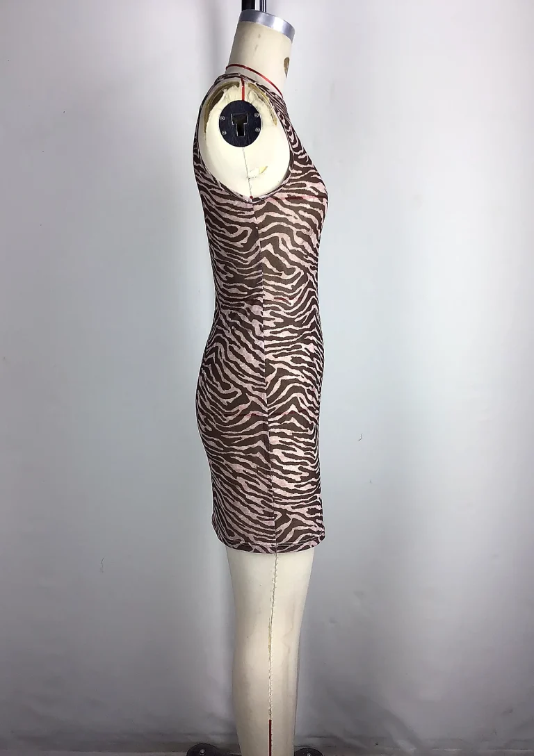 brown printed sleeveless bodycon dress side