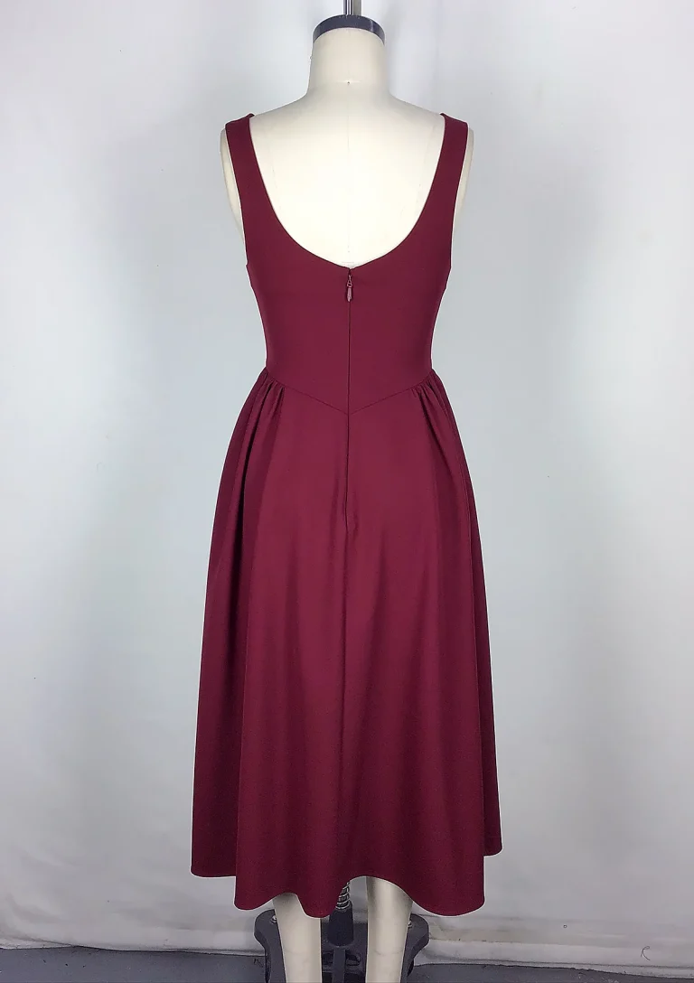 burgundy sleeveless a line midi dress back