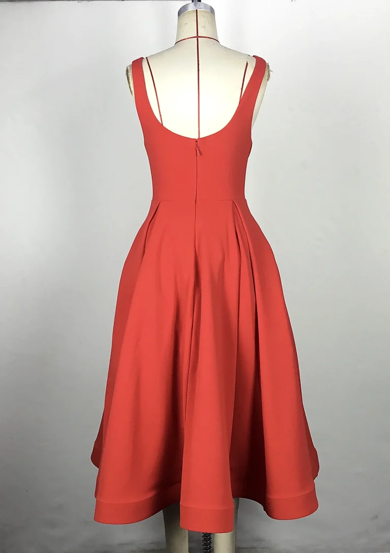 coral halter flared midi dress back