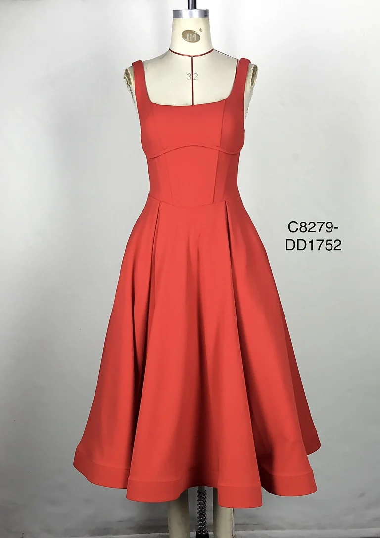coral halter flared midi dress front