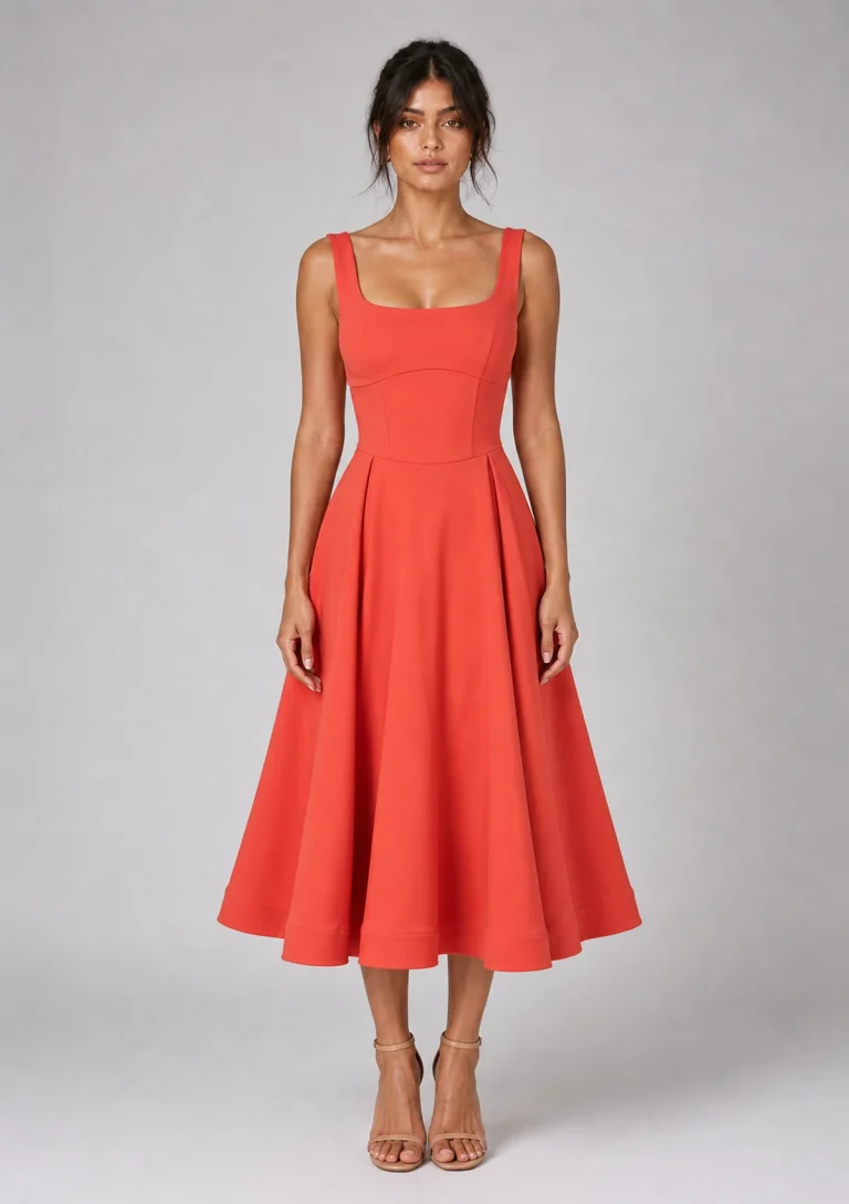 coral halter flared midi dress model