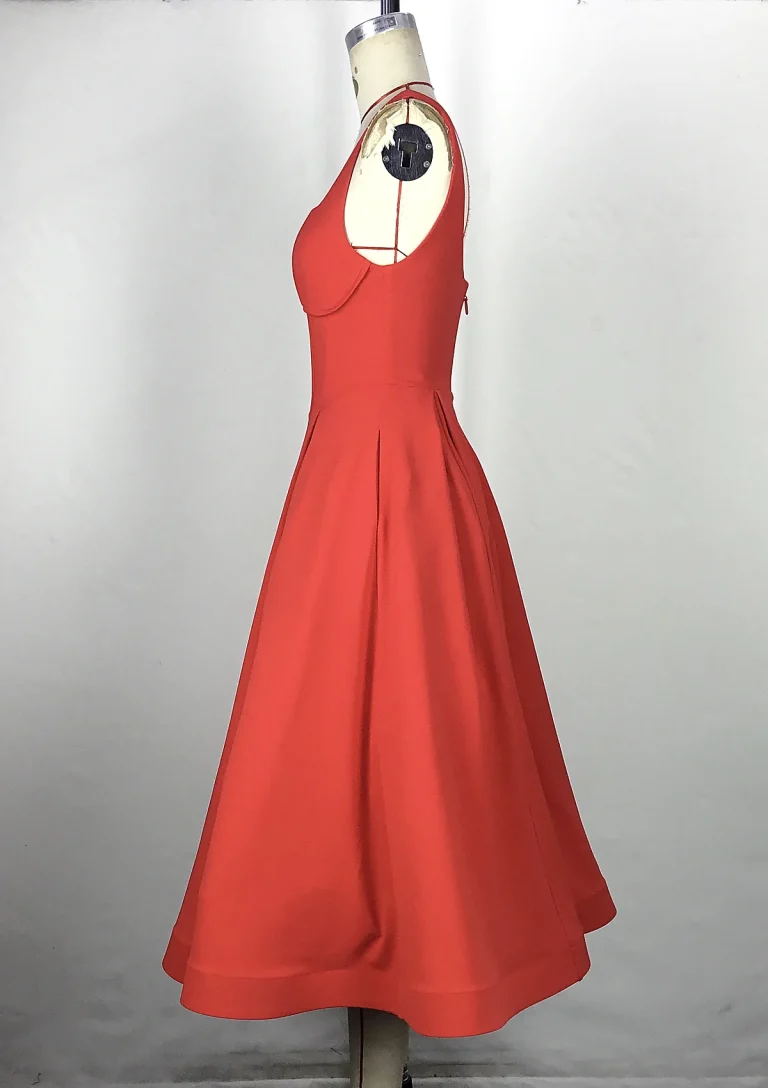 coral halter flared midi dress side