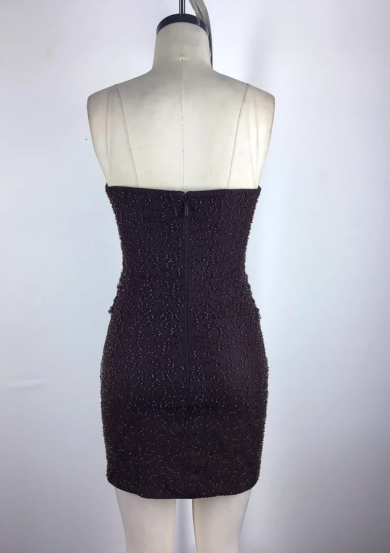 dark brown strapless ruched mini dress back