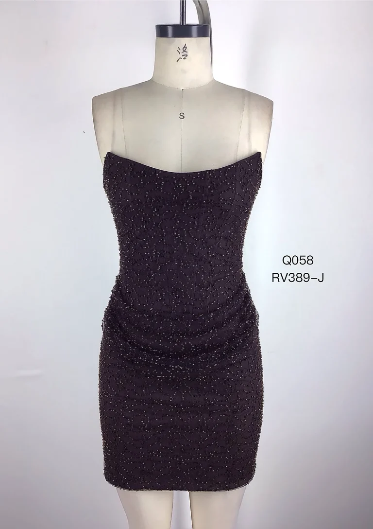 dark brown strapless ruched mini dress front