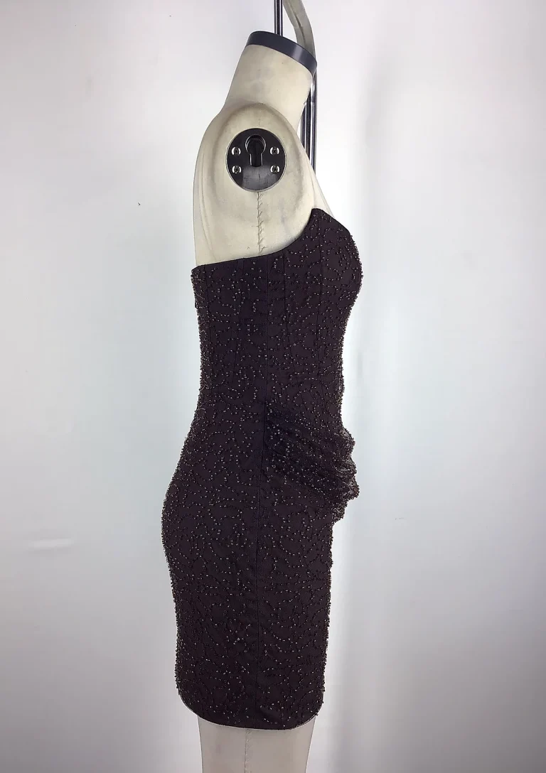 dark brown strapless ruched mini dress side