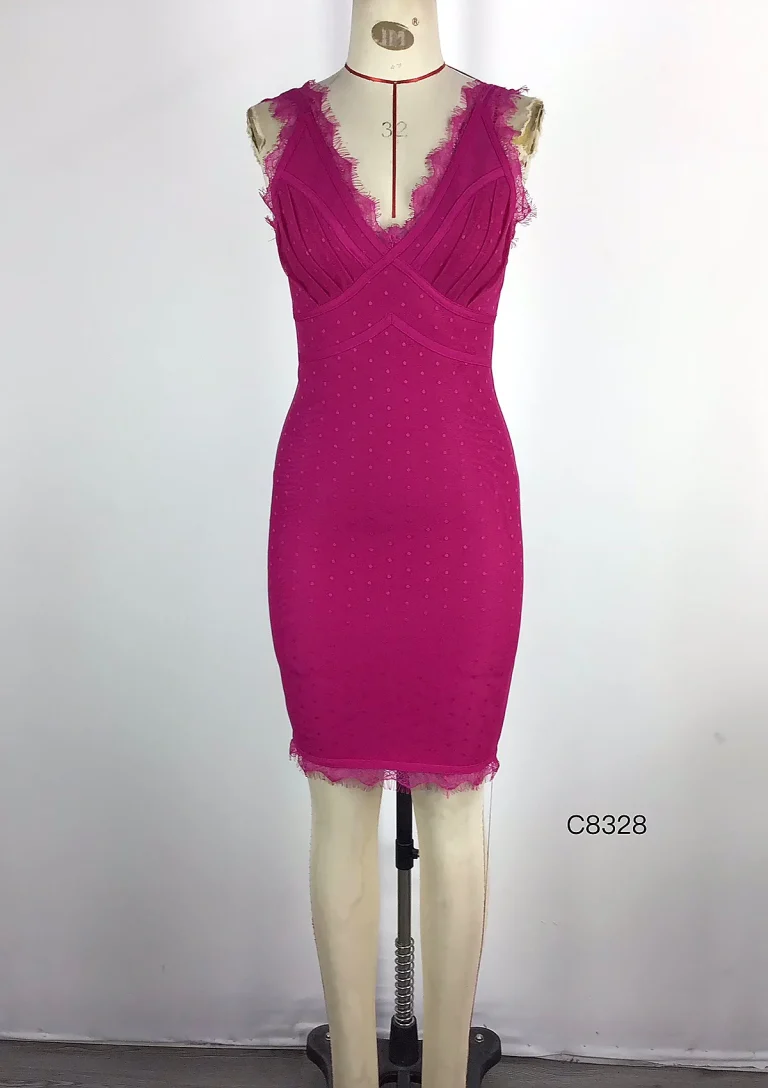 fuchsia lace trim bodycon dress back