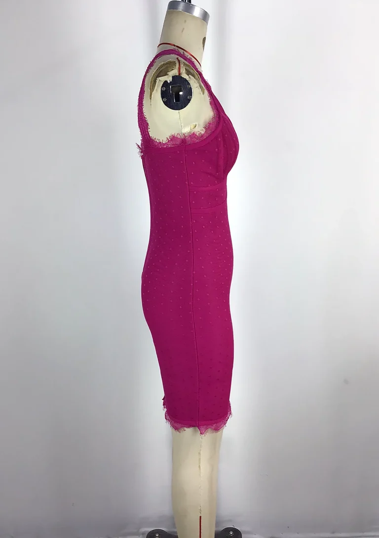 fuchsia lace trim bodycon dress front