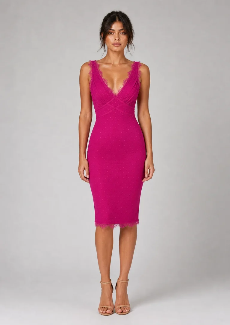 fuchsia lace trim bodycon dress model