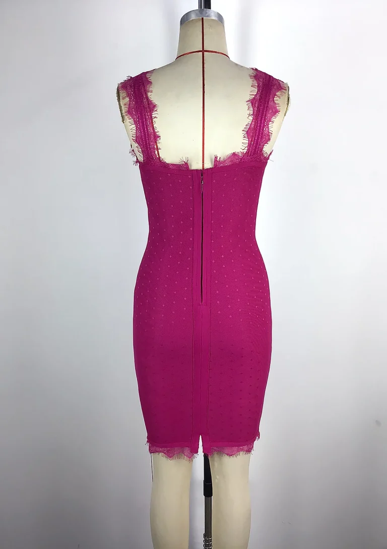 fuchsia lace trim bodycon dress side