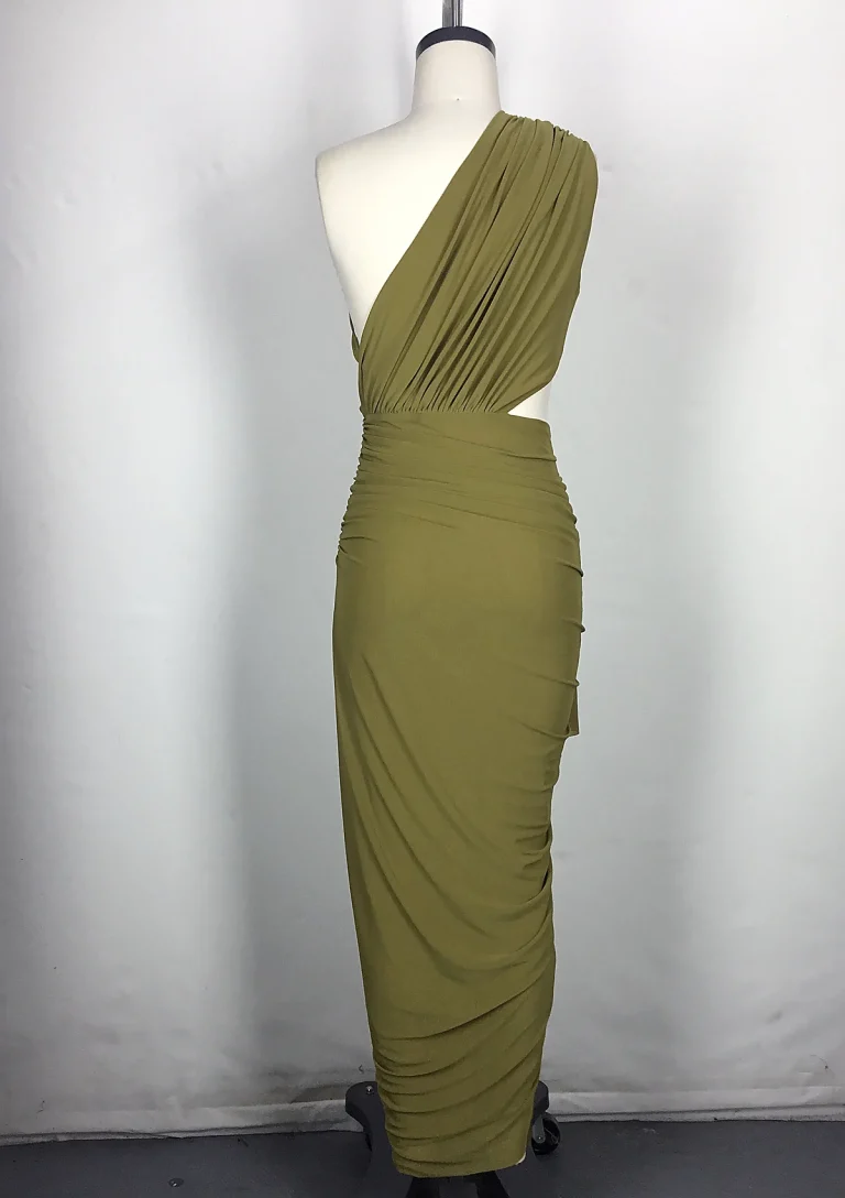 olive one shoulder draped cutout maxi dress back