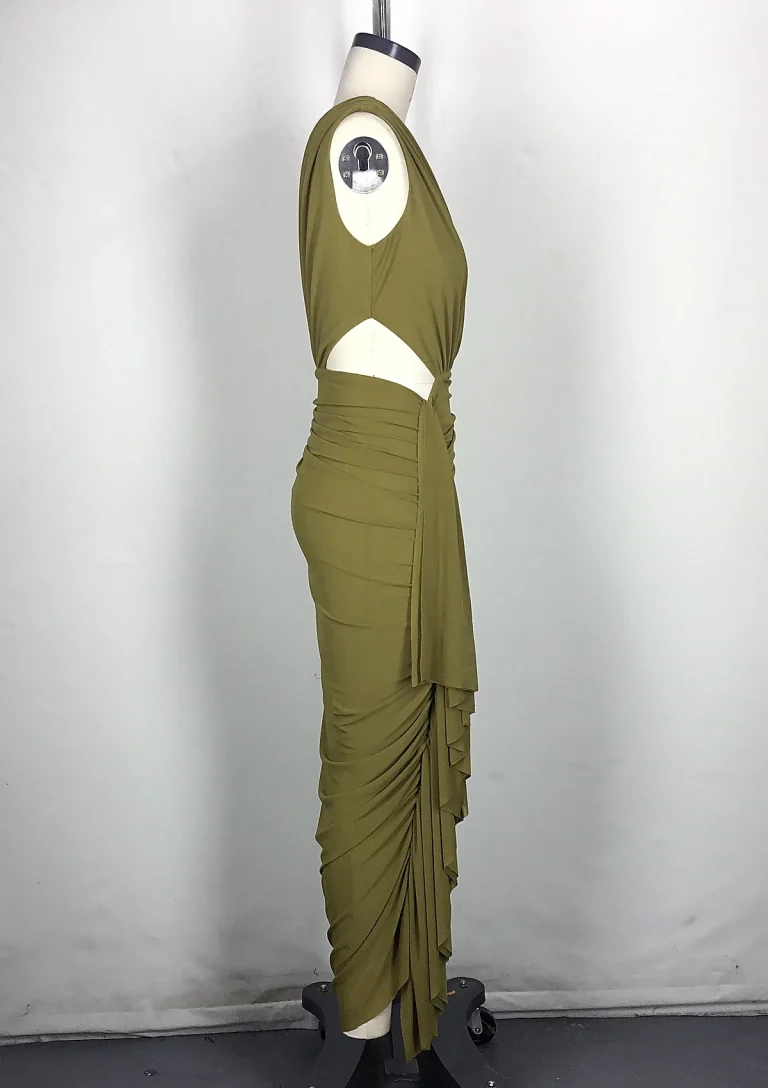 olive one shoulder draped cutout maxi dress front
