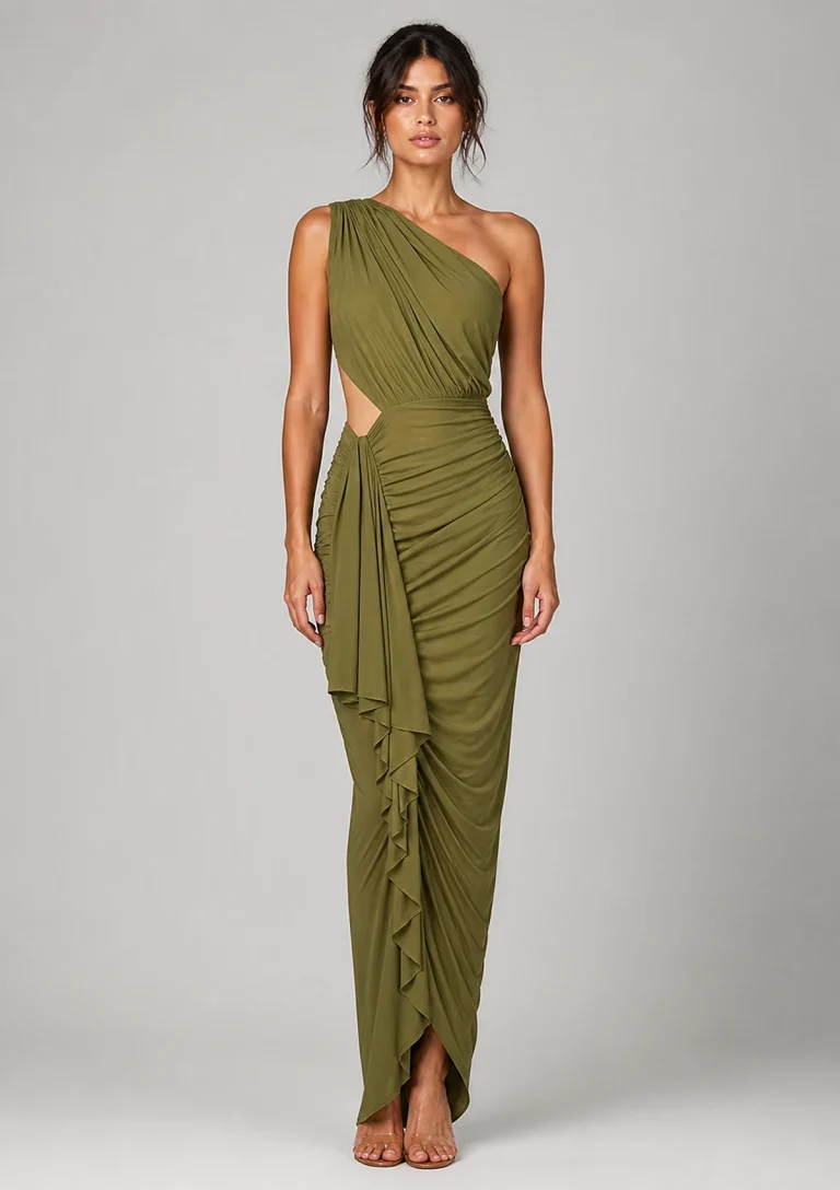 olive one shoulder draped cutout maxi dress model