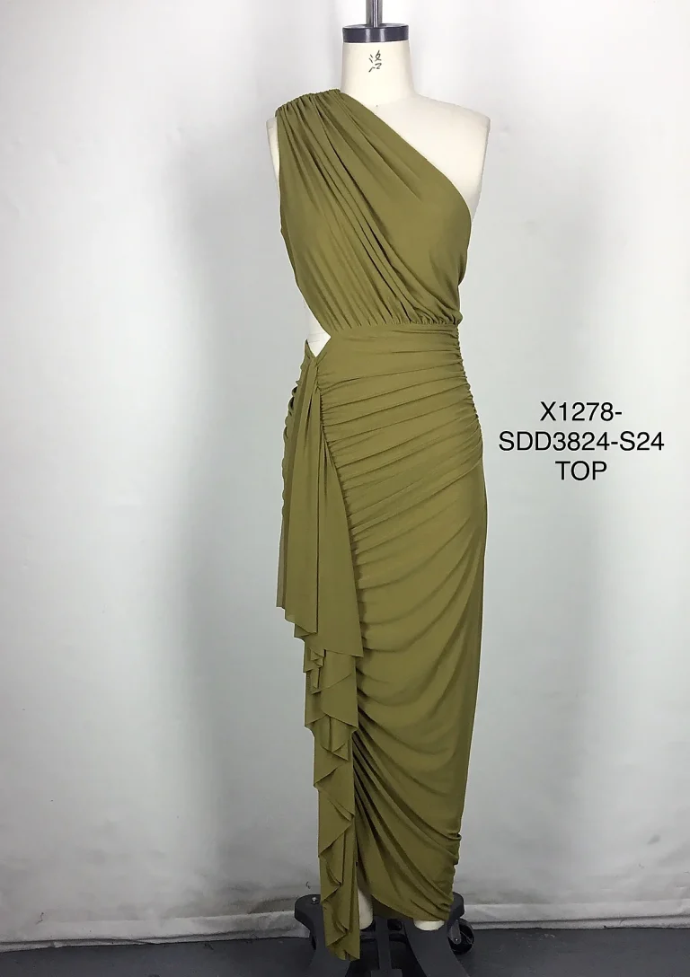 olive one shoulder draped cutout maxi dress side