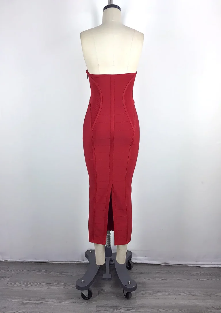 red strapless midi dress back