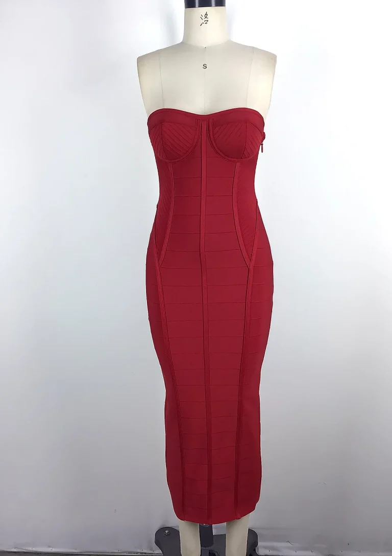 red strapless midi dress front