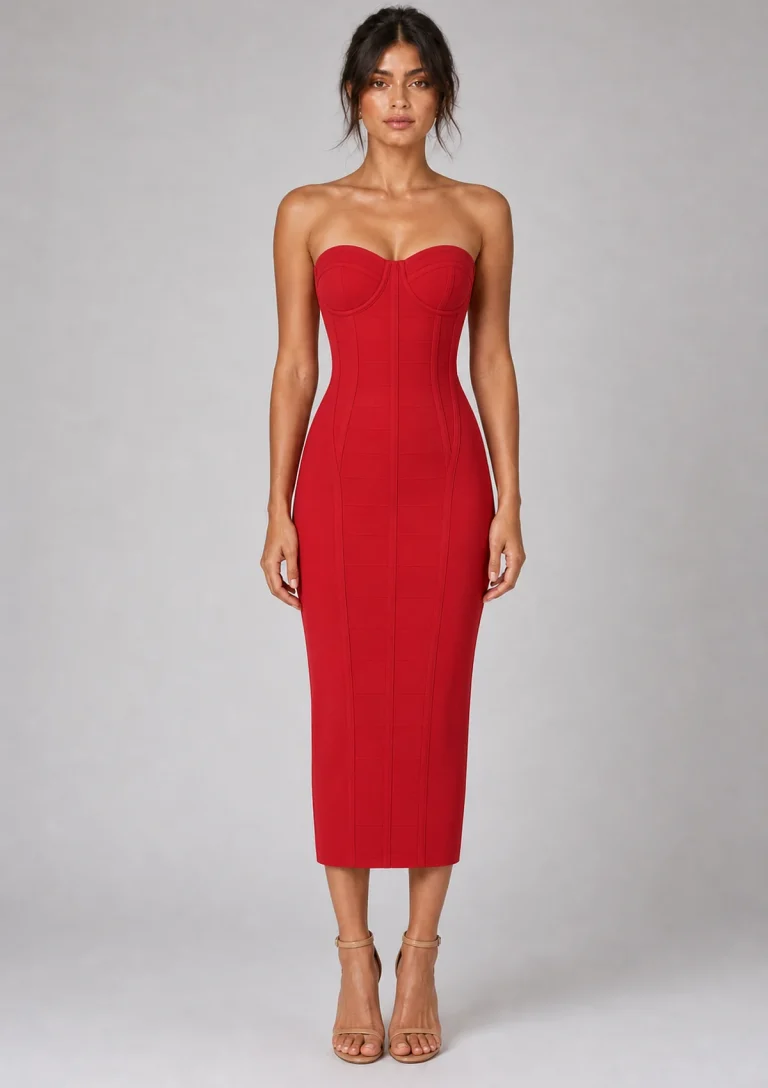red strapless midi dress model