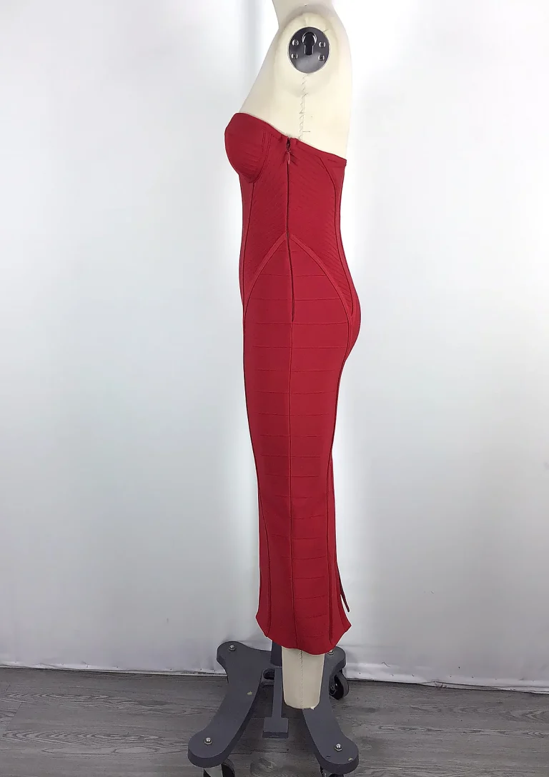 red strapless midi dress side