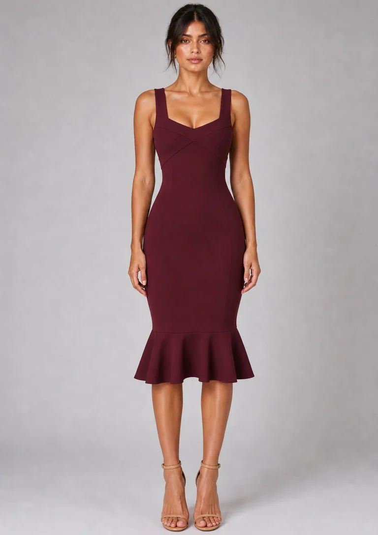 burgundy strappy bodycon dress model