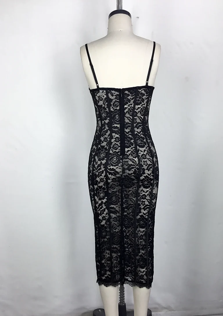 black lace strapless midi dress back