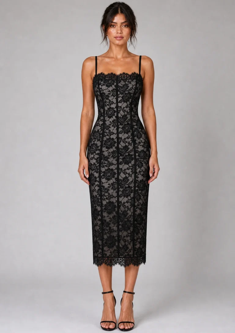 black lace strapless midi dress model