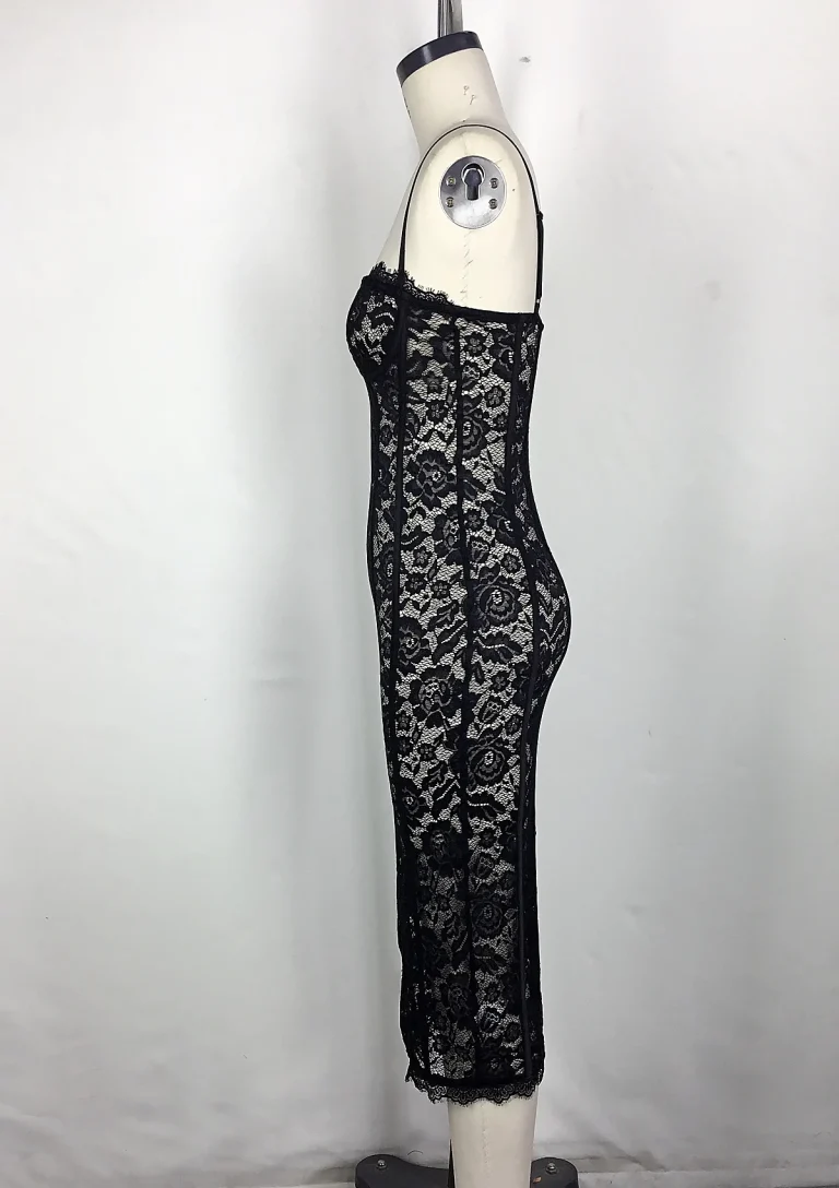 black lace strapless midi dress side