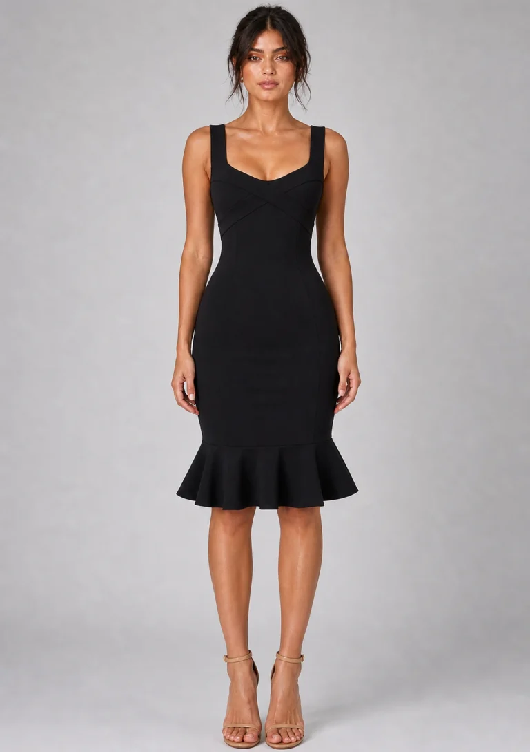black ruffle hem mini dress model