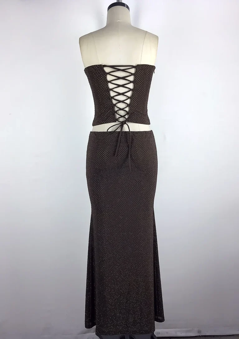 brown strapless lace up skirt set back