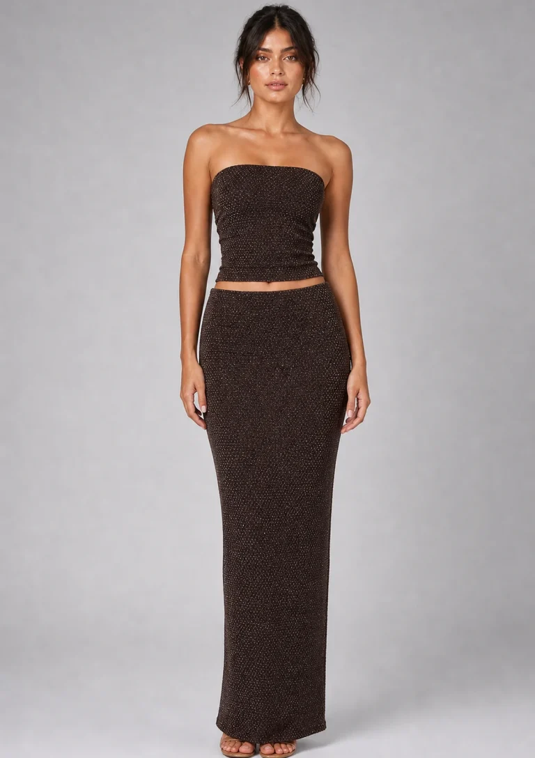 brown strapless lace up skirt set model