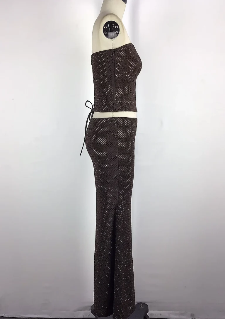 brown strapless lace up skirt set side