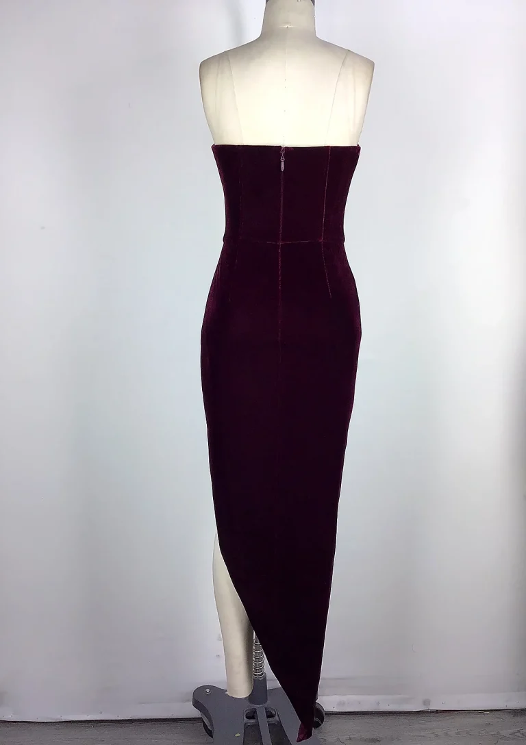burgundy strapless split maxi dress back