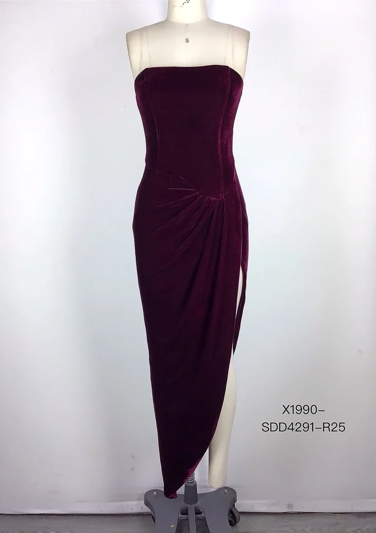 burgundy strapless split maxi dress front