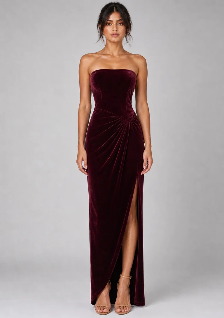 burgundy strapless split maxi dress model