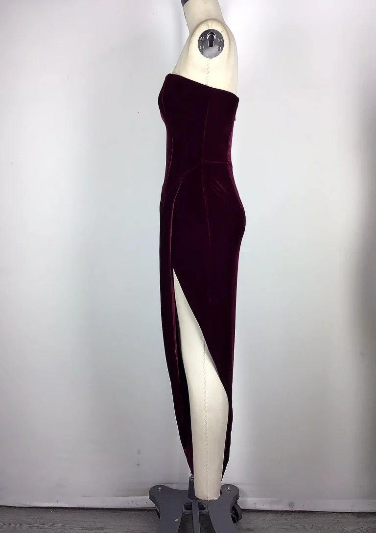 burgundy strapless split maxi dress side