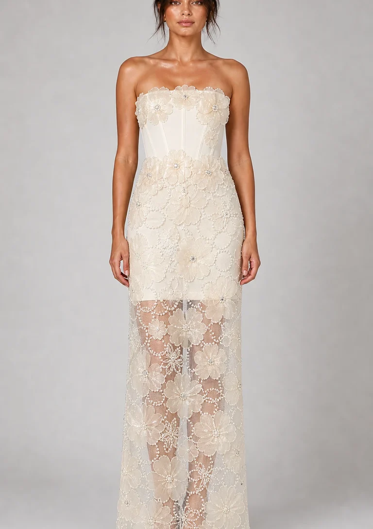 cream floral lace skirt set model