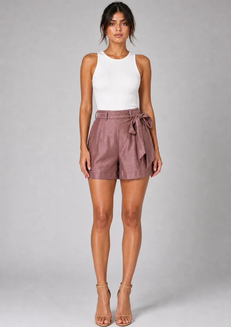 mauve belted tailored shorts model