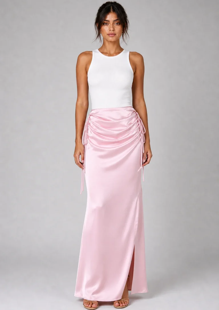 pink draped maxi skirt model