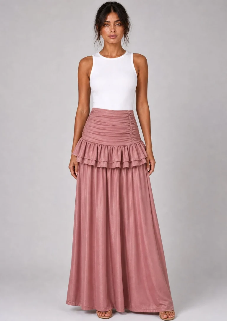 pink tiered wide leg pants back