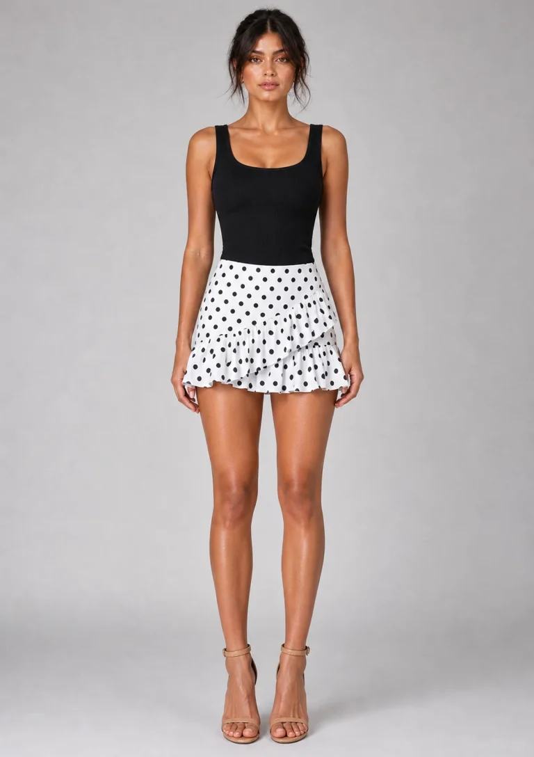 white polka dot ruffle skort model